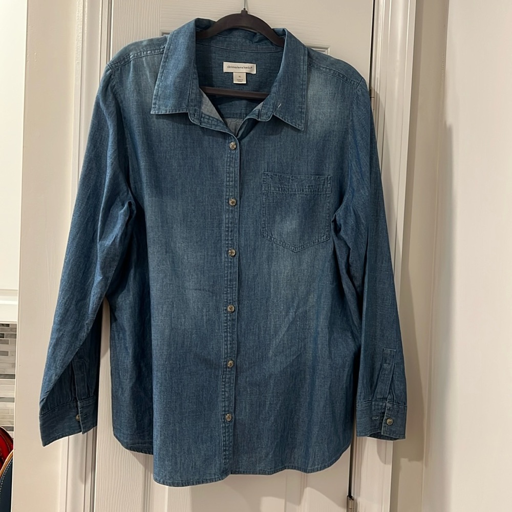 Christopher & Banks Blue Button Down Shirt with Notched Collar